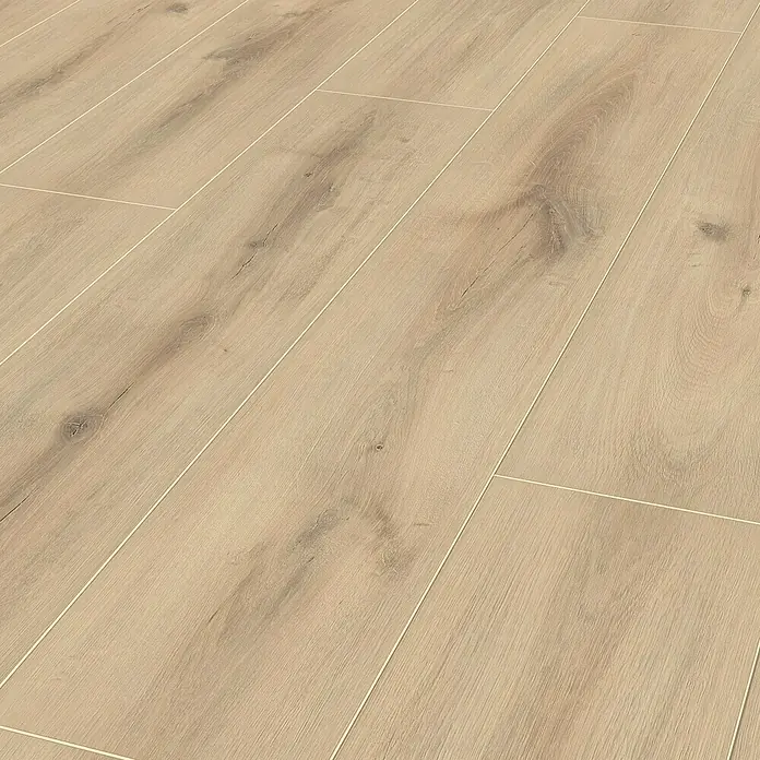 LOGOCLIC Aquaprotect Laminat - Chatol Oak, Landhausdiele, 1.288 x 245 x 8 mm - Bild von hellem Laminatboden mit Holzmaserung und Fugenlinien, ideal für moderne Innenräume und Renovierungen.