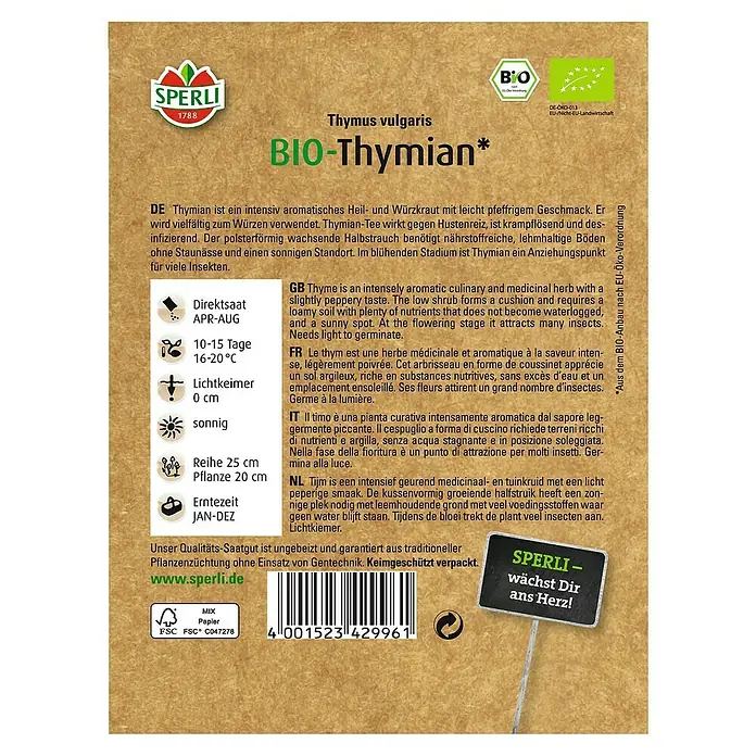 Sperli Kräutersamen Bio Thymian - Thymus vulgaris, Saatzeit: April, Erntezeit: Ganzjährig - Abbildung der Samenpackung von Bio-Thymian der Marke Sperli, ein aromatisches Kraut für Garten und Küche.