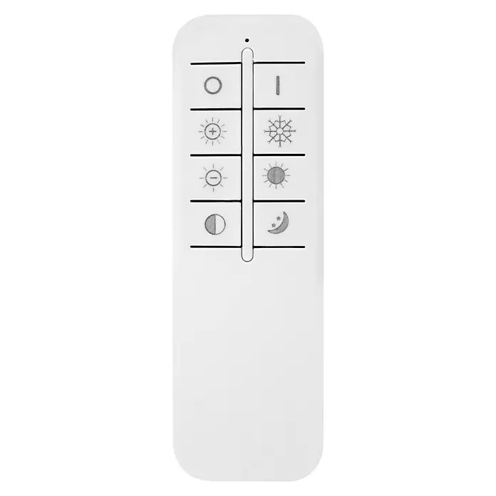 Globo LED-Deckenleuchte rund Sabatino - 21 W, Ø x H: 30 x 5,5 cm, Opal - Nahaufnahme einer eleganten, weißen Fernbedienung mit verschiedenen Symbolen zur Steuerung von Licht und Helligkeit.