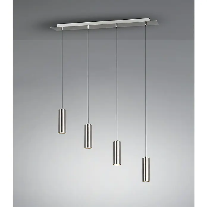 Trio Lighting Marley Lámpara colgante - 35 W, L x An x Al: 9 x 75 x 150 cm, Níquel, GU10, 4 ud. - Elegante lámpara colgante con cuatro luces cilíndricas de acero cepillado, que encarna un diseño moderno y minimalista.