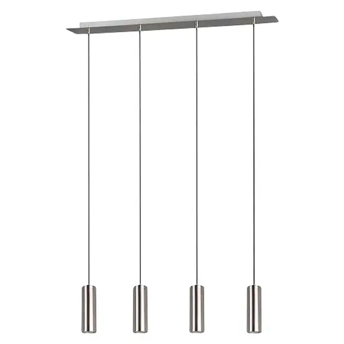 Trio Lighting Marley Lámpara colgante - 35 W, L x An x Al: 9 x 75 x 150 cm, Níquel, GU10, 4 ud. - Lámpara colgante moderna con cuatro lámparas cilíndricas en plata, colgando de finos cables de un soporte de techo rectangular.