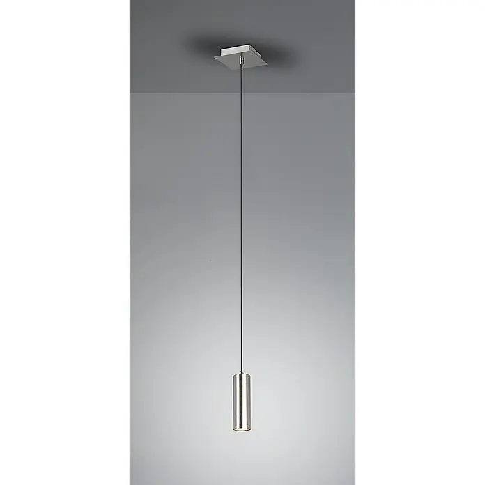 Trio Lighting Marley Lámpara colgante - 35 W, L x An x Al: 12 x 12 x 150 cm, Níquel, GU10, 1 ud. - Elegante lámpara de techo con pantalla cilíndrica de metal cepillado. Iluminación elegante para interiores modernos con diseño minimalista.