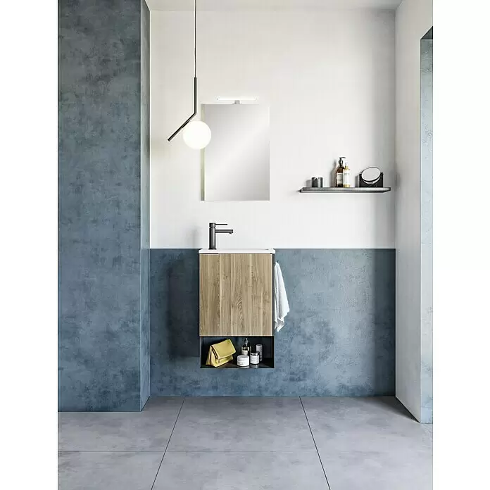 Riva Conjunto de mueble de baño Indus - Ancho total del mueble de baño: 45,3 cm, Abedul, Mate, 3 pzs. - Mueble de baño moderno de madera con grifo negro y lavabo blanco. Cuenta con un estante abierto debajo y un espejo encima.