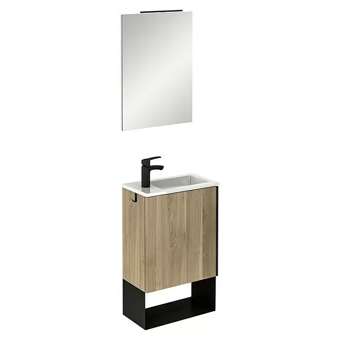 Riva Conjunto de mueble de baño Indus - Ancho total del mueble de baño: 45,3 cm, Abedul, Mate, 3 pzs. - Mueble de baño de madera moderno con lavabo blanco integrado, grifo negro y base metálica negra, con un espejo con luz LED negra.