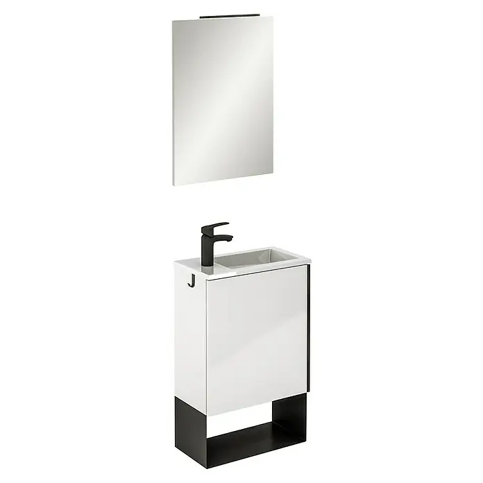 Riva Conjunto de mueble de baño Indus - Ancho total del mueble de baño: 45,3 cm, Blanco, Negro, Brillante, 3 pzs. - Un elegante lavabo con mueble bajo y un espejo a juego encima, formando un conjunto de baño moderno.
