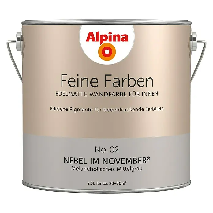 Alpina Wandfarbe Feine Farben - Nebel im November, Matt, 2,5 l, Konservierungsmittelfrei - Alpina Feine Farben "Nebel im November" edelmatte Wandfarbe für Innen. Die Farbe verspricht eine beeindruckende Farbtiefe.
