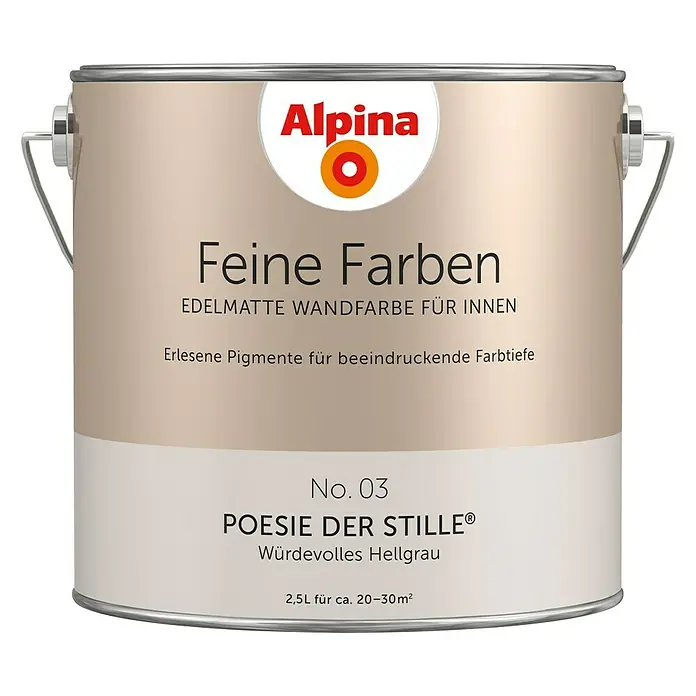 Alpina Wandfarbe Feine Farben - Poesie der Stille, Matt, 2,5 l, Konservierungsmittelfrei - Abbildung einer Dose Alpina Feine Farben No. 03 Poesie der Stille edelmatte Wandfarbe für Innen, würdevolles Hellgrau, 2,5L für ca. 20-30m².