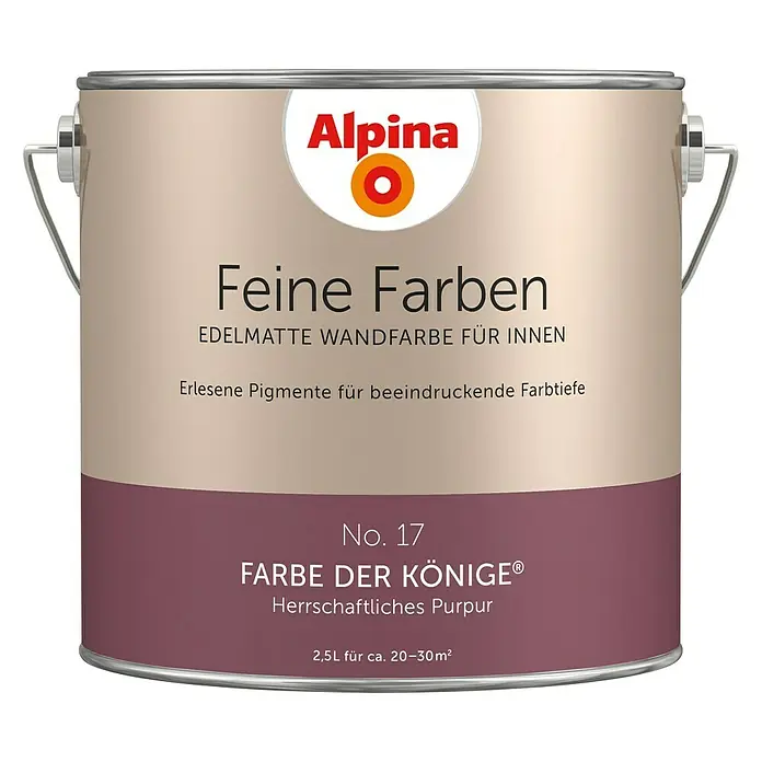 Alpina Wandfarbe Feine Farben - Farbe der Könige, Matt, 2,5 l, Konservierungsmittelfrei - Farbdose Alpina Feine Farben No. 17 Farbe der Könige, edelmatte Wandfarbe für Innen mit erlesenen Pigmenten für beeindruckende Farbtiefe.