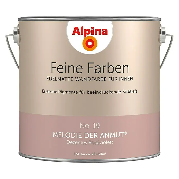 Alpina Wandfarbe Feine Farben - Melodie der Anmut, Matt, 2,5 l, Konservierungsmittelfrei - Farbdose Alpina Feine Farben No. 19 Melodie der Anmut®, edelmatte Wandfarbe für Innen, mit dezentem Roséviolett-Farbton für ein stilvolles Ambiente.