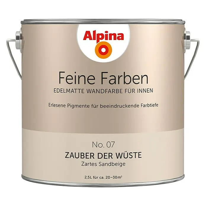 Alpina Wandfarbe Feine Farben - Zauber der Wüste, Matt, 2,5 l, Konservierungsmittelfrei - Dose Alpina Feine Farben "Zauber der Wüste", eine edelmatte Wandfarbe für Innen, in einem zarten Sandbeige, ideal für eine beeindruckende Farbtiefe.