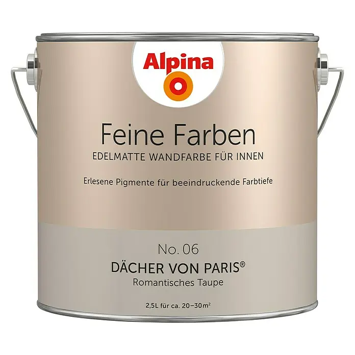 Alpina Wandfarbe Feine Farben - Dächer von Paris, Matt, 2,5 l, Konservierungsmittelfrei - Abbildung eines Alpina Feine Farben Farbeimers in der Farbe "Dächer von Paris". Der Eimer ist hellbeige und trägt das Alpina-Logo.
