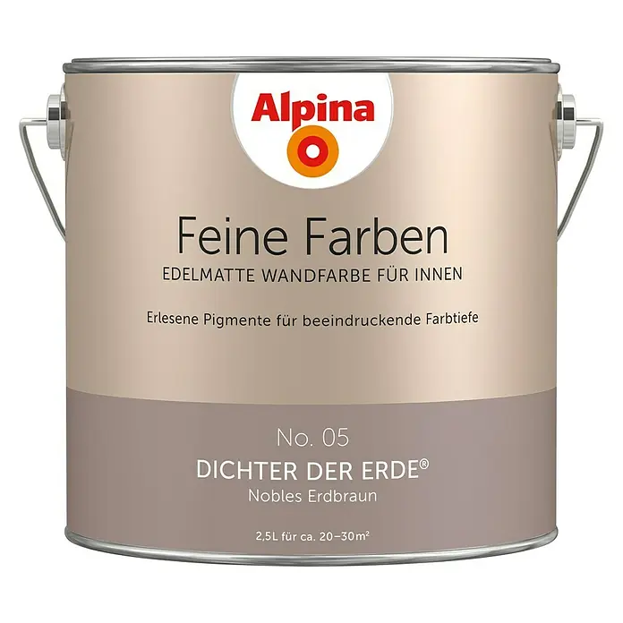 Alpina Wandfarbe Feine Farben - Dichter der Erde, Matt, 2,5 l, Konservierungsmittelfrei - Abbildung einer Dose Alpina Feine Farben Wandfarbe in edlem Erdbraun.