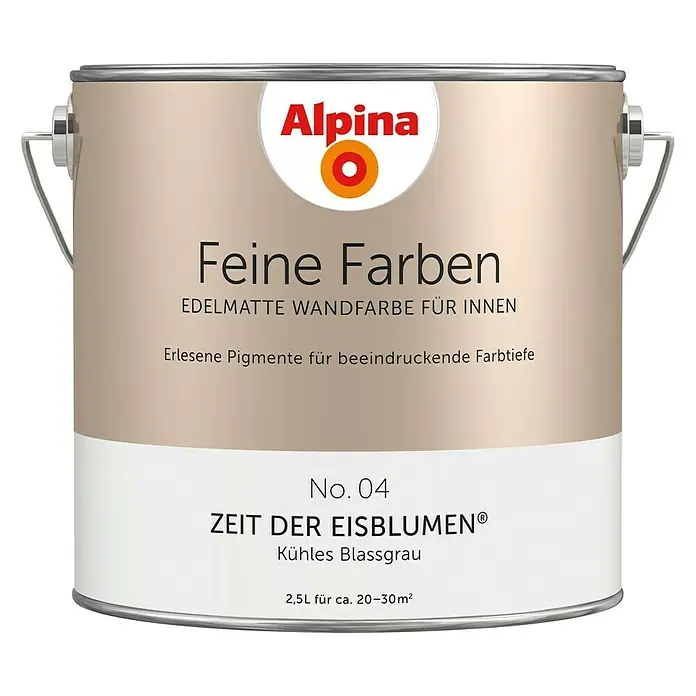 Alpina Wandfarbe Feine Farben - Zeit der Eisblumen, Matt, 2,5 l, Konservierungsmittelfrei - Dose Alpina Feine Farben "Zeit der Eisblumen" No. 04, eine edelmatte Wandfarbe für Innen, mit erlesenen Pigmenten für beeindruckende Farbtiefe.