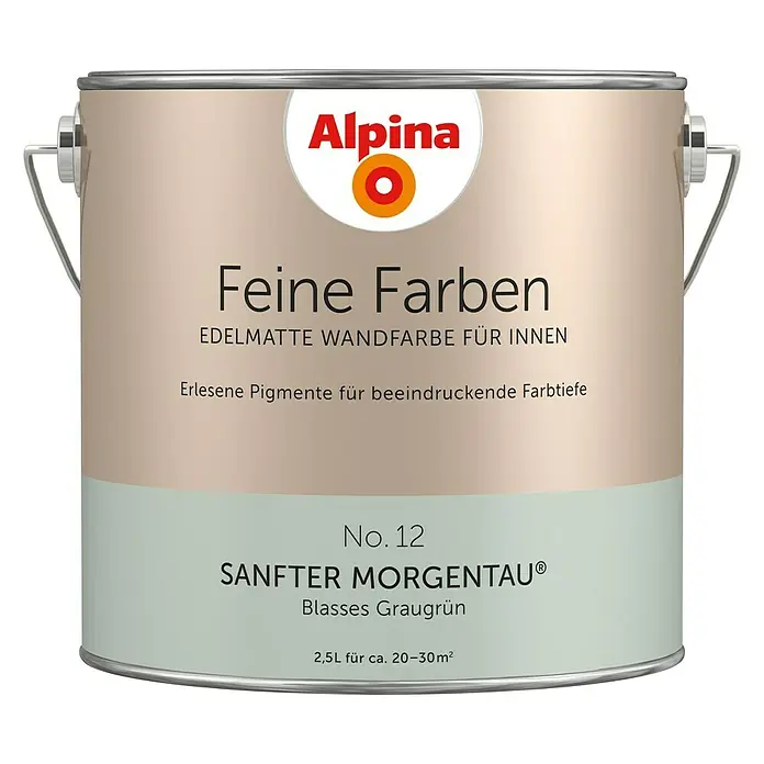 Alpina Wandfarbe Feine Farben - Sanfter Morgentau, Matt, 2,5 l, Konservierungsmittelfrei - Dose Alpina Feine Farben No. 12 Sanfter Morgentau, edelmatte Wandfarbe für Innen, mit erlesenen Pigmenten für beeindruckende Farbtiefe.