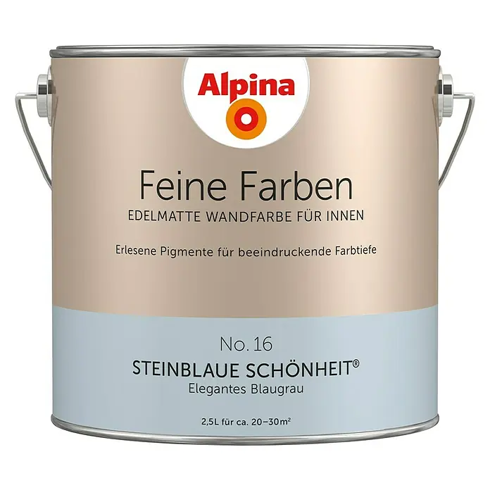 Alpina Wandfarbe Feine Farben - Steinblaue Schönheit, Matt, 2,5 l, Konservierungsmittelfrei - Dose Alpina Feine Farben No. 16 Steinblaue Schönheit, eine edelmatte Wandfarbe für Innen, die elegante Blaugrau-Töne bietet und beeindruckende Farbtiefe erzeugt.