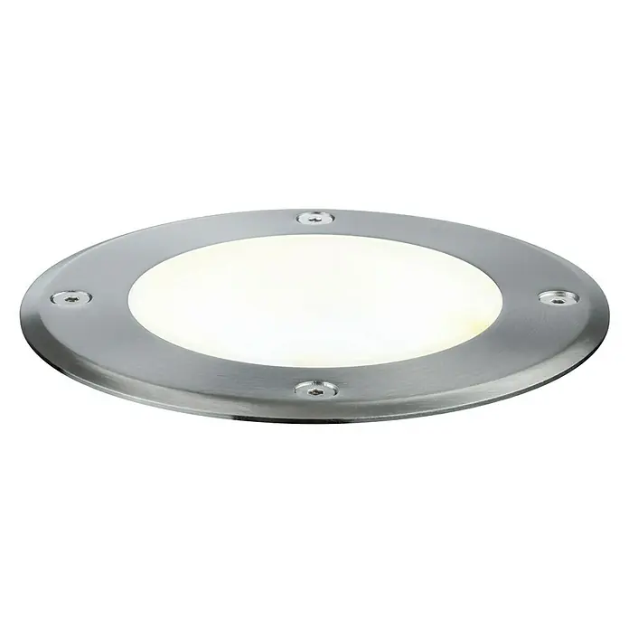 Paulmann Plug & Shine LED-Gartenspot - 6 W, Warmweiß, IP67, Ø x H: 14 x 15 cm, Abstrahlwinkel: 38 ° - Nahaufnahme einer runden LED-Bodeneinbauleuchte mit Edelstahleinfassung und warmweissem Licht vor schwarzem Hintergrund.