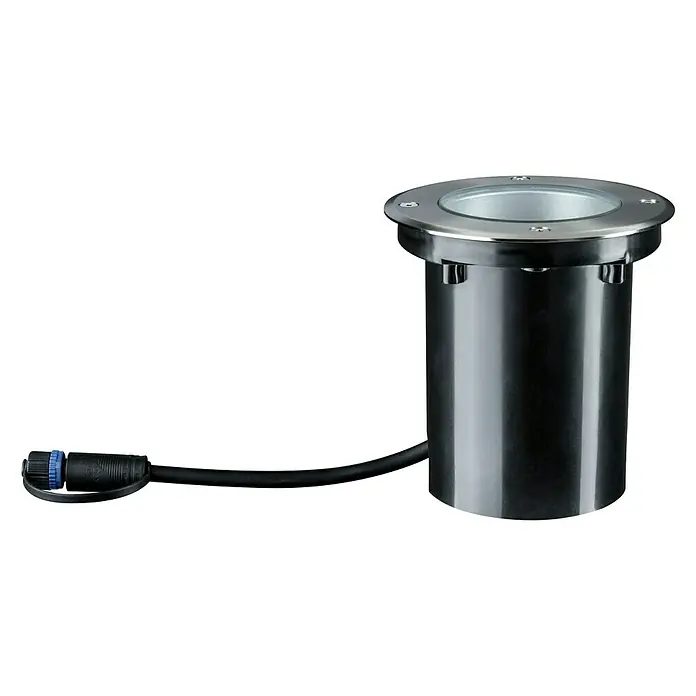 Paulmann Plug & Shine LED-Gartenspot - 6 W, Warmweiß, IP67, Ø x H: 14 x 15 cm, Abstrahlwinkel: 38 ° - Ein Bodeneinbaustrahler aus Metall mit einem schwarzen Kabel und einem blauen Stecker. Ideal für die Beleuchtung von Außenbereichen.