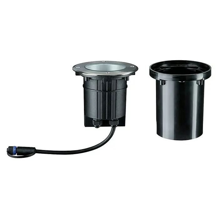 Paulmann Plug & Shine LED-Gartenspot - 6 W, Warmweiß, IP67, Ø x H: 14 x 15 cm, Abstrahlwinkel: 38 ° - Bodenleuchte mit rundem Edelstahldekorring, schwarzem Gehäuse, Anschlusskabel und Montagetopf für den Gartenbereich.