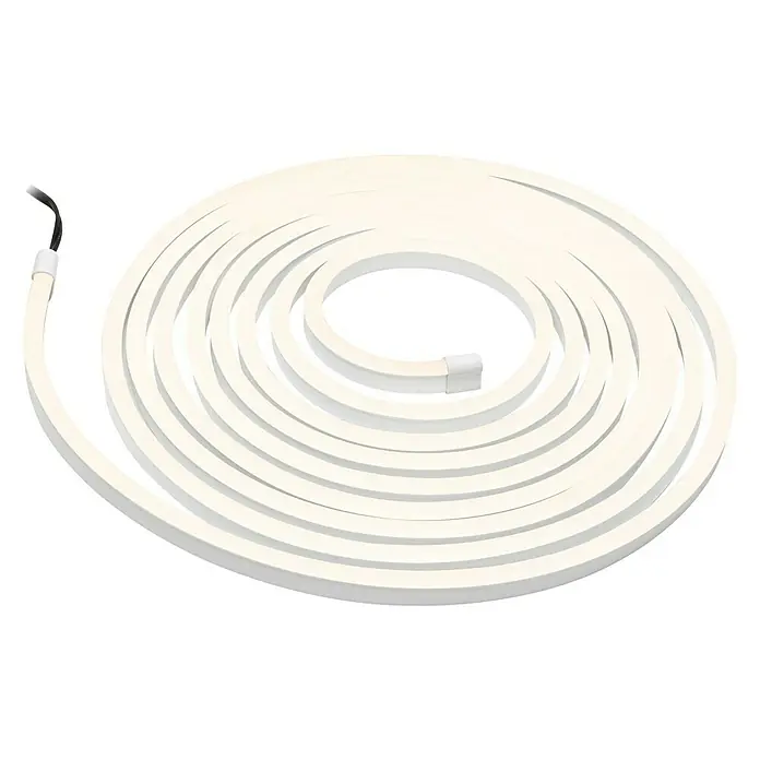 Paulmann LED-Band Simpled Outdoor - Länge: 5 m, Lichtfarbe: Warmweiß, 20 W, 2.100 lm - Aufgerollter, flexibler, weißer LED-Neonstreifen mit Anschlusskabel auf schwarzem Hintergrund. Ideal für dekorative Beleuchtung.
