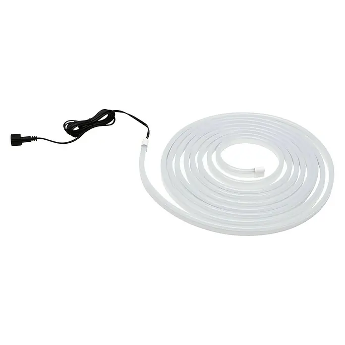 Paulmann LED-Band Simpled Outdoor - Länge: 5 m, Lichtfarbe: Warmweiß, 20 W, 2.100 lm - Nahaufnahme einer aufgerollten, weißen LED-Neon Flex Lichterkette mit schwarzem Netzkabel und Stecker auf schwarzem Hintergrund.