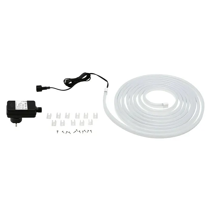 Paulmann LED-Band Simpled OutdoorLänge: 5 m, Lichtfarbe: Warmweiß, 20 W, 2.100 lm - Nahaufnahme einer LED-Neonflex-Lichterschlauch-Leuchte, komplett mit Netzteil, Kabel, Befestigungsclips und Schrauben auf schwarzem Hintergrund.