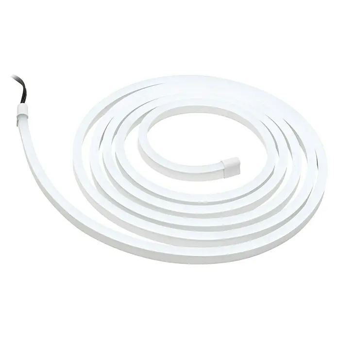 Paulmann LED-Band Simpled Outdoor - Länge: 3 m, Lichtfarbe: Kaltweiß, 12 W, 1.260 lm - Nahaufnahme einer gewickelten, weißen LED-Neonröhre mit einem sichtbaren Kabelende vor einem schwarzen Hintergrund.
