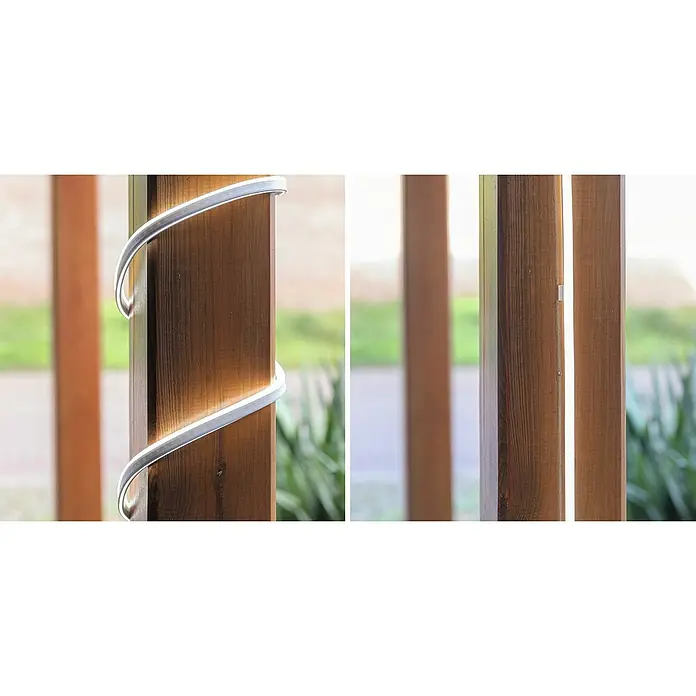 Paulmann LED-Band Simpled Outdoor - Länge: 3 m, Lichtfarbe: Kaltweiß, 12 W, 1.260 lm - Nahaufnahme einer Holzbalustrade mit spiralförmig gewundenem, silbernem LED-Band für stimmungsvolle Außenbeleuchtung.