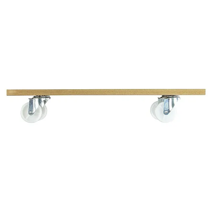 Transportroller - L x B x H: 57,5 x 30 x 10 cm, Traglast: 200 kg, Kunststoff - Produktansicht einer Rollenhalterung mit Holzbrett und zwei weißen Rollen, ideal für Möbel.