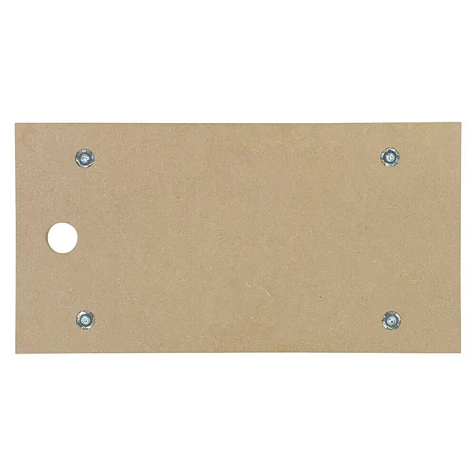 Transportroller - L x B x H: 57,5 x 30 x 10 cm, Traglast: 200 kg, Kunststoff - Detailaufnahme einer MDF-Platte mit vier Schrauben und einem Loch. Ideal für Bastelprojekte und DIY-Enthusiasten.