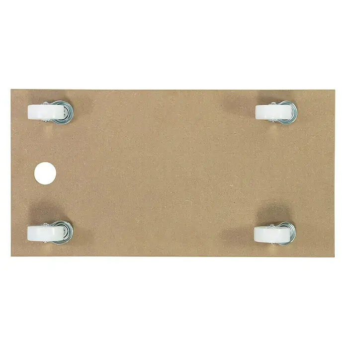 Transportroller - L x B x H: 57,5 x 30 x 10 cm, Traglast: 200 kg, Kunststoff - Ansicht einer Holzplatte mit vier weißen Rollen und einem Loch. Die Platte ist auf einem schwarzen Hintergrund dargestellt.