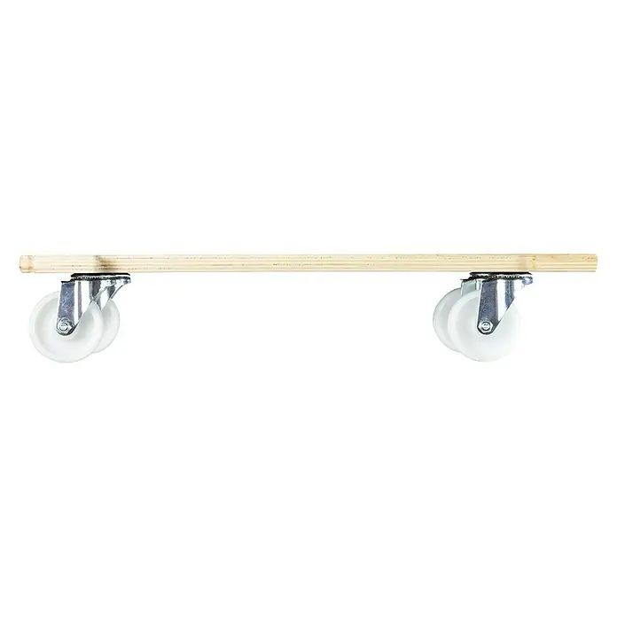 Wagner System Transportroller MM 1383 - L x B x H: 590 x 390 x 110 mm, Traglast: 250 kg, Holz - Produktabbildung eines Möbelrollers mit Holzbrett und weißen Rollen vor schwarzem Hintergrund.