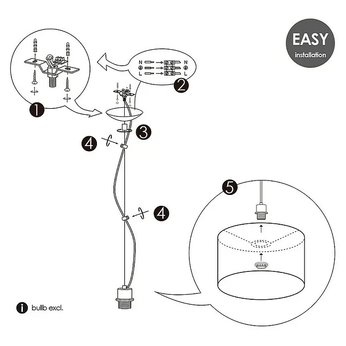 Home Sweet Home Pendelleuchte rund Basic Deluxe - Höhe: 100 cm - Eine schematische Darstellung einer einfachen Lampeninstallation mit nummerierten Schritten und Anweisungen.