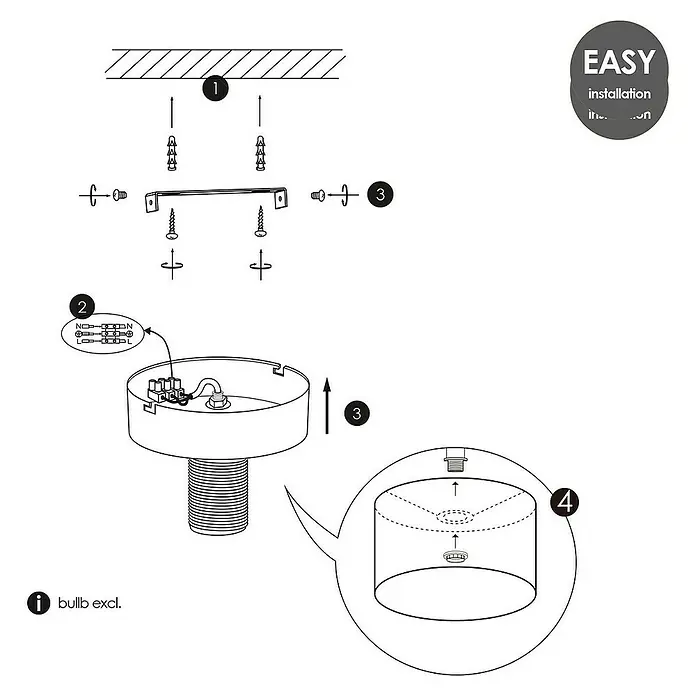 Home Sweet Home Deckenleuchte Dot - 60 W, Stahl matt, E27 - Abbildung einer Deckenleuchte mit Montageanleitung, die die schrittweise Installation und die erforderlichen Komponenten zeigt.