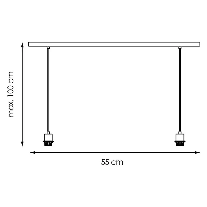 Home Sweet Home Pendelleuchte Beam 2s - L x H: 55 x 99 cm, Chrom matt, Anzahl Leuchtmittel: 2 Stk. - Abbildung einer Hängelampe mit zwei Fassungen, die an einer horizontalen Stange befestigt sind. Die Lampe ist maximal 100 cm hoch und 55 cm breit.
