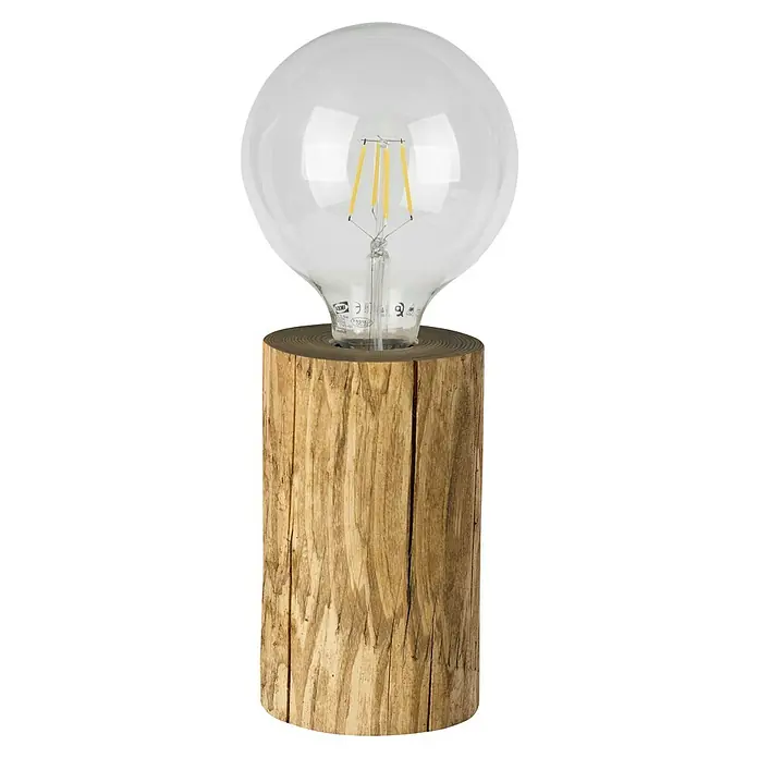 Spotlight Deko-Tischleuchte Trabo Table - 25 W, Braun/Gebeizte Kiefer, E27 - Eine rustikale Tischleuchte mit einem Sockel aus einem Baumstamm und einer großen, klaren Glühbirne mit sichtbaren Filamenten.