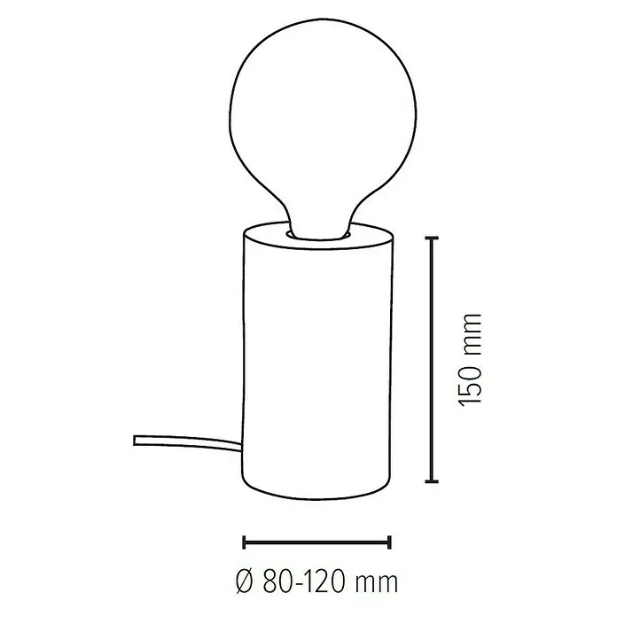 Spotlight Deko-Tischleuchte Trabo Table - 25 W, Braun/Gebeizte Kiefer, E27 - Abbildung einer Nachttischlampe mit zylindrischem Sockel und einer runden Glühbirne. Die Lampe ist 150 mm hoch und hat einen Durchmesser von 80-120 mm.