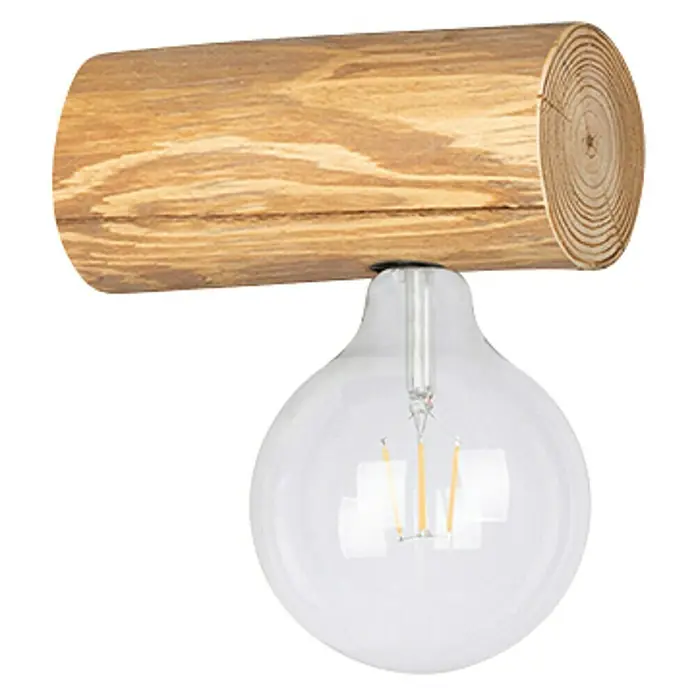 Spotlight Wandleuchte Trabo Simple - 25 W, L x B x H: 20 x 8 x 8 cm, Gebeizte Kiefer, E27 - Eine Nahaufnahme einer modernen Wandleuchte mit einem Holzsockel und einer Edison-Glühbirne, die ein warmes Licht ausstrahlt.