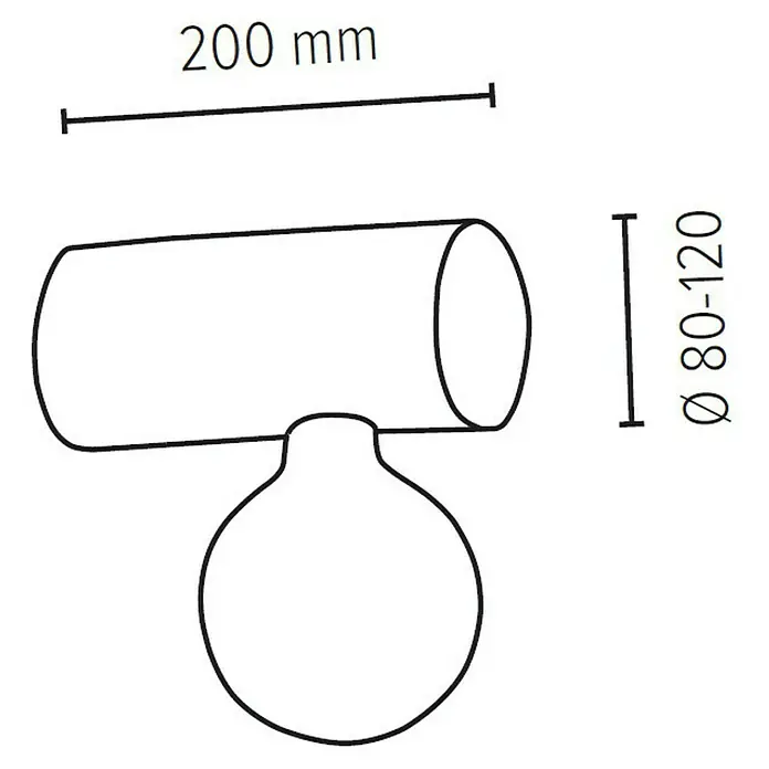 Spotlight Wandleuchte Trabo Simple - 25 W, L x B x H: 20 x 8 x 8 cm, Gebeizte Kiefer, E27 - Schematische Darstellung einer Wandleuchte mit zylindrischem Lampenkörper und kugelförmigem Diffusor mit Maßangaben.