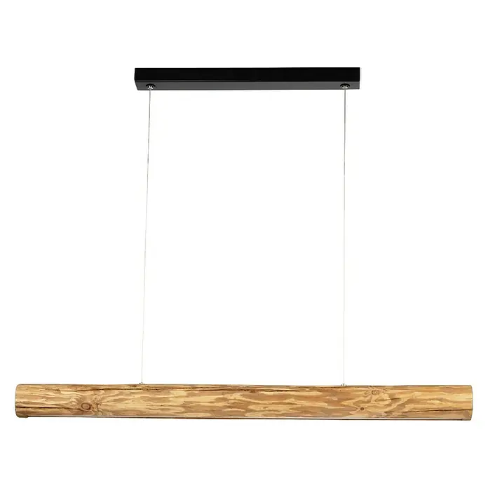 Spotlight LED-Pendelleuchte Lucas - 25,5 W, Braun/Gebeizte Kiefer, 90 cm - Pendelleuchte mit einem Holzstamm als Schirm, der von zwei Kabeln an einer schwarzen Deckenhalterung befestigt ist. Das Holz hat eine warme Farbe.