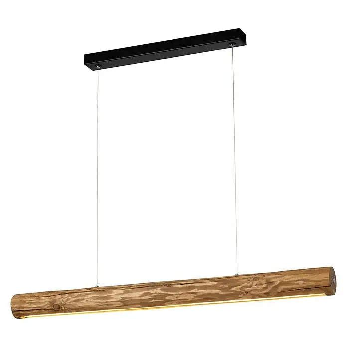 Spotlight LED-Pendelleuchte Lucas - 25,5 W, Braun/Gebeizte Kiefer, 90 cm - Eine moderne Hängelampe mit einem länglichen Holzdesign und warmem Licht. Sie hängt an zwei Stahlseilen von einer schwarzen Deckenhalterung.