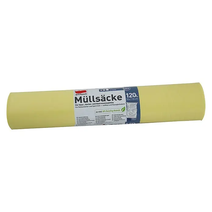 Quickpack Müllbeutel - Fassungsvermögen: 120 l, 25 Stk., Transparent - Gelbe Rolle Quickpack Müllsäcke, 120 Liter, ideal für Haus, Garten und Gastronomie, aus 80% Recycling-Material, reißfest und flüssigkeitsdicht.