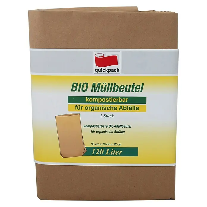 Quickpack Müllbeutel Bio-Abfallbeutel - Fassungsvermögen: 120 l, 2 Stk., Braun - Eine Packung kompostierbarer Bio-Müllbeutel von Quickpack, ideal für organische Abfälle und mit einem Fassungsvermögen von 120 Litern.