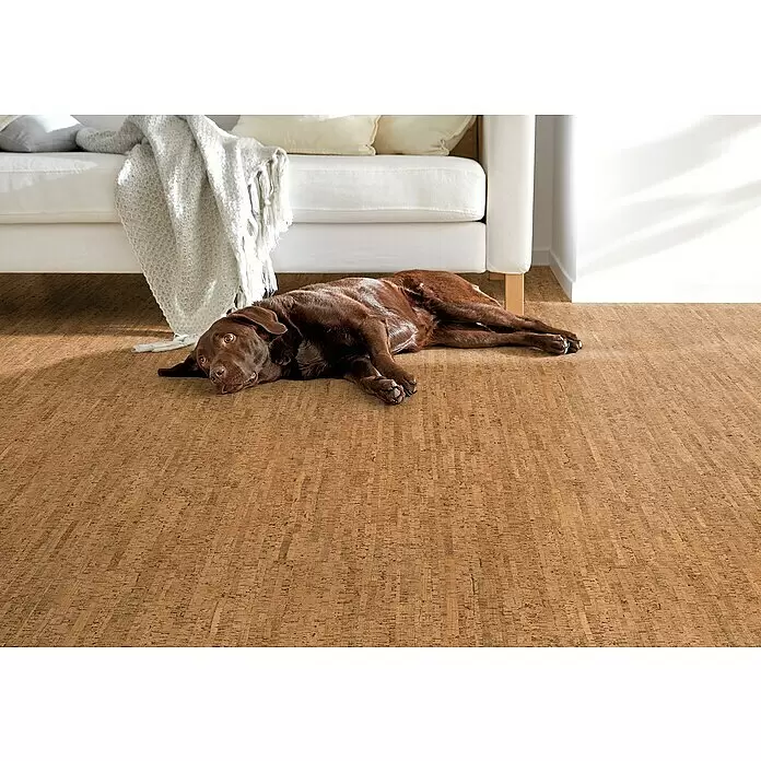 Corklife Studiostyle Korkboden - Sagres, 905 x 295 x 10,5 mm - Natürlicher Korkboden in einem Wohnzimmer, ein Hund liegt bequem auf der robusten, warmen Oberfläche.