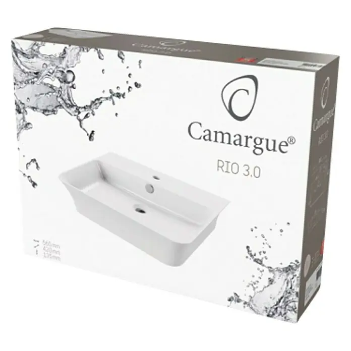 Camargue Rio Waschtisch 3.0 - 55,5 x 41 cm, Ohne Spezialglasur, Hahnloch: Mitte, Mit Überlauf, Weiß - Das Waschbecken Camargue RIO 3.0 in seiner Originalverpackung, ein elegantes und modernes Produkt für jedes Badezimmer.
