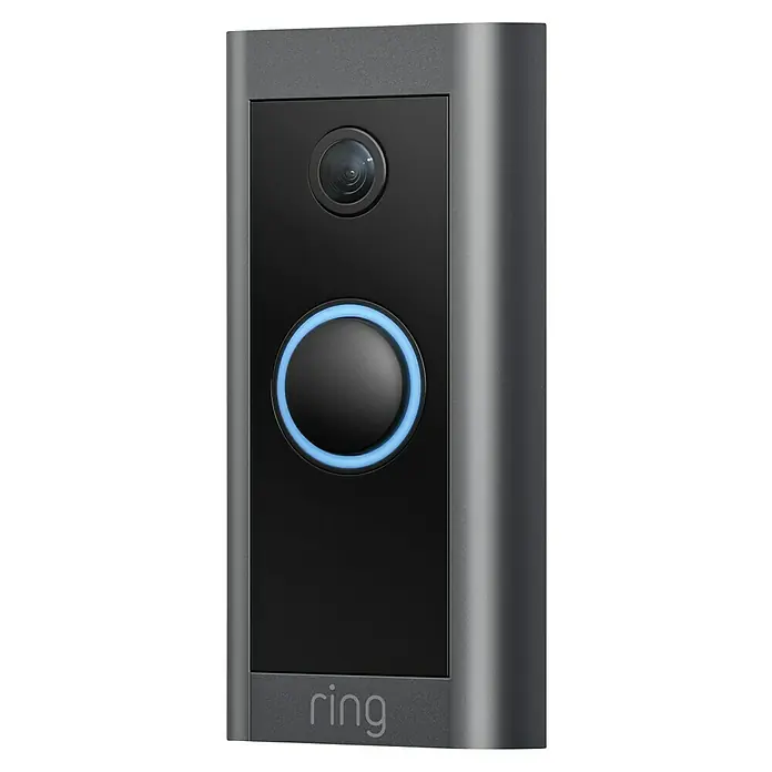 Ring Türklingel mit Kamera Video Doorbell Wired - Bronze, 1.920 x 1.080 Pixel (Full HD), 2,24 x 4,57 x 10,1 cm, Smarte Steuerung: Ring App - Nahaufnahme einer Ring-Türklingel mit Kamera und Klingelknopf mit blauem Lichtring.