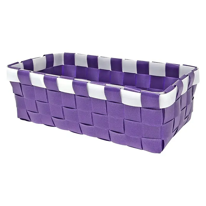 Juego de cestas trenzado - Lila, 4 pzs., Polipropileno - Primer plano de una cesta rectangular de mimbre morada con adornos blancos. Ideal para el almacenamiento.