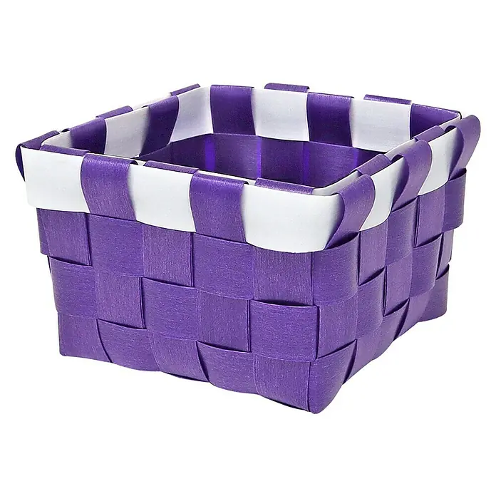 Juego de cestas trenzado - Lila, 4 pzs., Polipropileno - Cesta tejida de color morado y blanco con forma cuadrada, ideal para organizar objetos pequeños. El accesorio decorativo es muy útil.