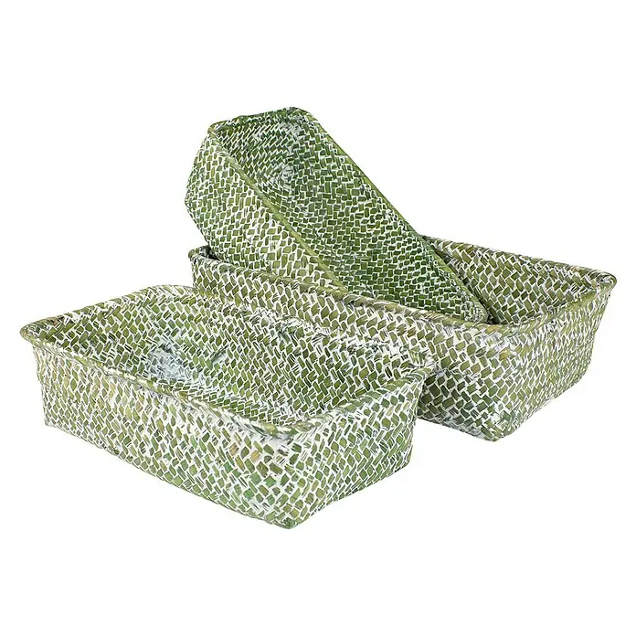 Juego de cestas Vegetal - Verde, 3 pzs. - Tres cestas de mimbre de diferentes tamaños, apiladas con arte, hechas con materiales naturales, ofrecen soluciones de almacenamiento elegantes.