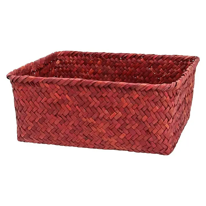 Juego de cestas - Rojo, 3 pzs., Fibra natural - Cesta roja rectangular, tejida a mano, ideal para almacenamiento o como elemento decorativo.