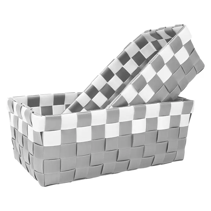 Juego de cestas trenzado - Blanco/gris, 2 pzs., Polipropileno - Una cesta rectangular gris con un patrón de tablero de ajedrez y una cesta a juego más pequeña, ideales para guardar varios objetos.